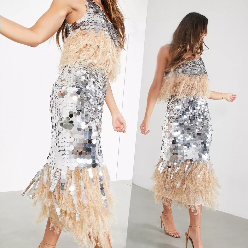 NEW ASOS EDITION Pailette Sequin Midi Skirt w/Faux Feather Hem US4
